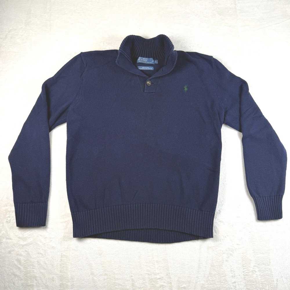 Vintage Polo By Ralph Lauren Collared‎ Knit Henley Sweater Navy Blue Men's Large